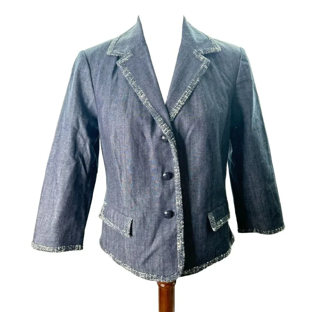 NWT Talbots Blue Chambry Trim Cotton Classic Grace Fit Blazer Sz 6 Jacket Denim
